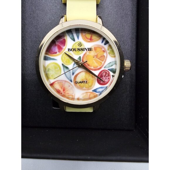 Boussivie Watch Womens Quartz Tutti Frutti Design Yellow Band New In Box - Picture 2 of 6